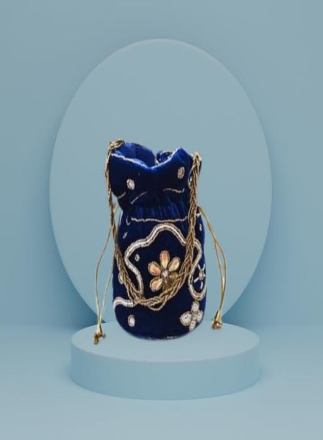 SuneshCreation Ethnic Potli Handbag with Beaded Handle, Floral Embroidery, Traditional Drawstring Purse, Velvet Wristlet (blue) - Image 5